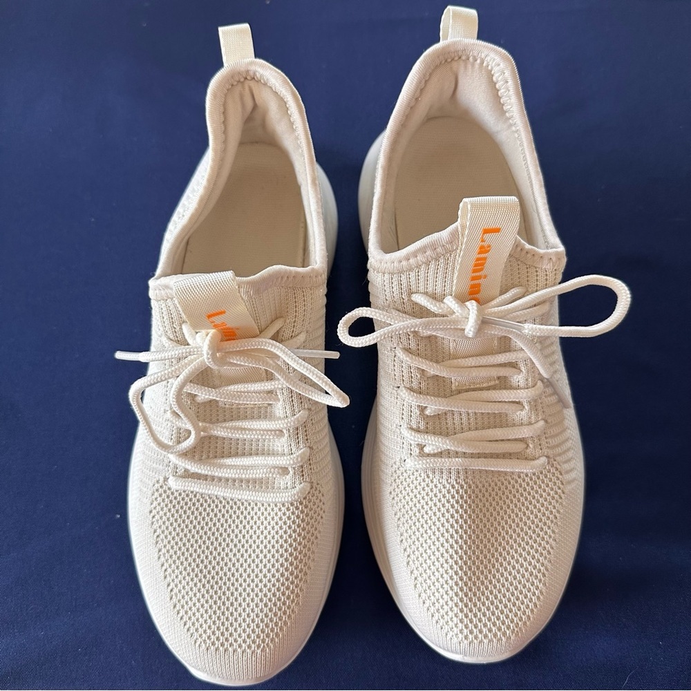 Lamicoa Beige Knit Sneakers Lightweight Walking Shoes Lace Up Size 38